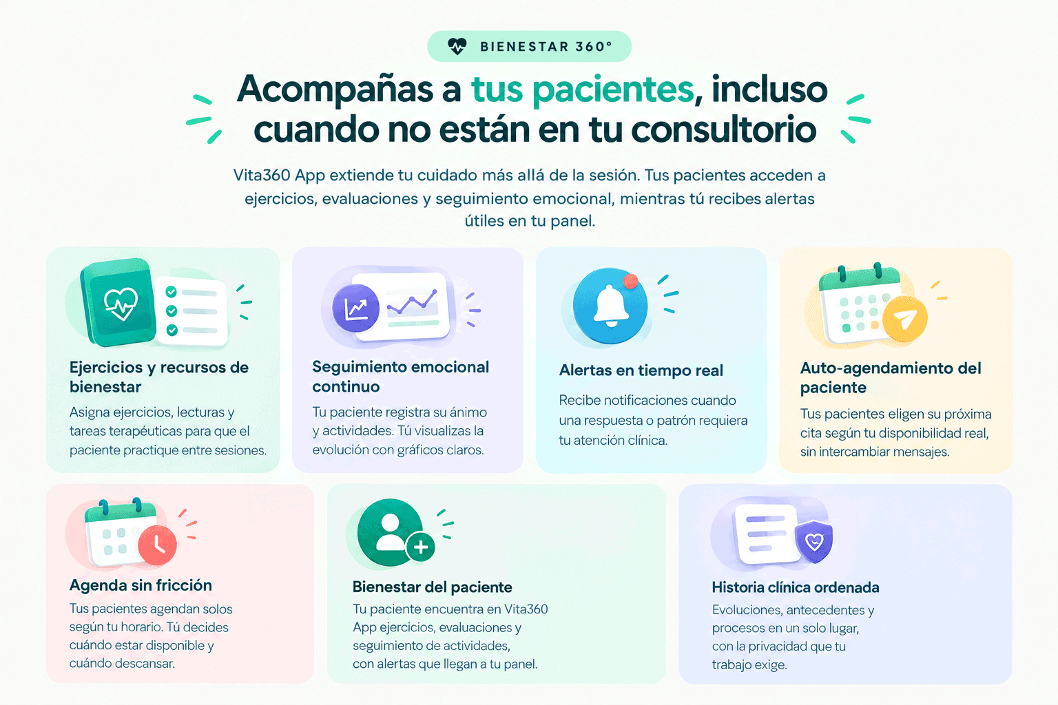 Bienestar 360: acompañas a tus pacientes, incluso cuando no están en tu consultorio. Ejercicios y recursos de bienestar para practicar entre sesiones, seguimiento emocional continuo con gráficos claros, alertas en tiempo real y auto-agendamiento según tu disponibilidad real. Y en tu día a día: agenda sin fricción, bienestar del paciente e historia clínica ordenada.